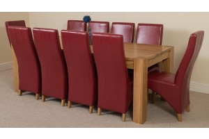 Kuba Solid Oak 220cm Dining Table with 10 Lola Dining Chairs [Burgundy Leather]