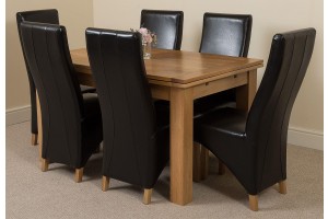 Richmond Solid Oak 140cm-220cm Extending Dining Table with 6 Lola Dining Chairs [Black Leather]