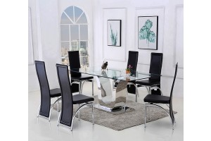 Alexandria Glass and Chrome 180 cm Dining Table and 4 Black Alisa Chairs Set