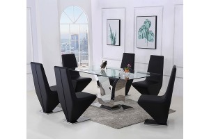 Alexandria Glass and Chrome 180 cm Dining Table and 6 Black Rita Chairs Set