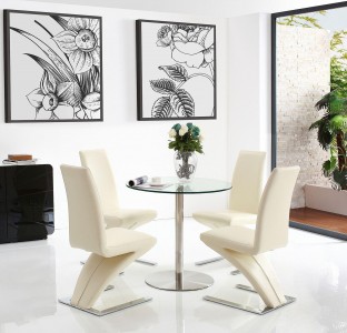 Target Round Glass and Steel 80cm Dining Table with 4 Zed Designer Dining Chairs [Ivory]