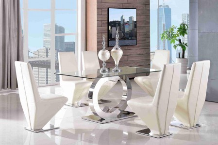 Front of Channel Glass and Polished Steel Dining Table with 6 Rita Designer Dining Chairs [Ivory]