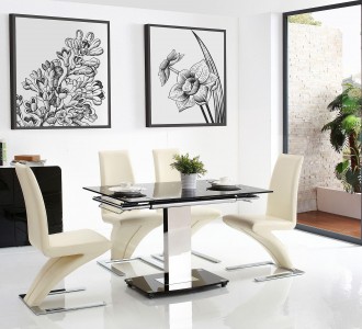 Front of Enzo 80-120cm Extending Glass Dining Table with 6 Zed Designer Dining Chairs [Ivory] 
