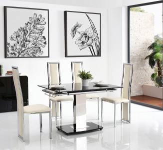 Front of Enzo 80-120cm Extending Glass Dining Table with 4 Elsa Designer Dining Chairs [Ivory]