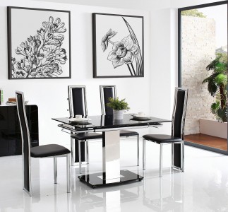 Front of Enzo 80-120cm Extending Glass Dining Table with 4 Elsa Designer Dining Chairs [Black]