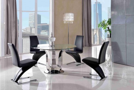 Naples Glass and Polished Steel Dining Table with 4 Zed Designer Dining Chairs [Black] 