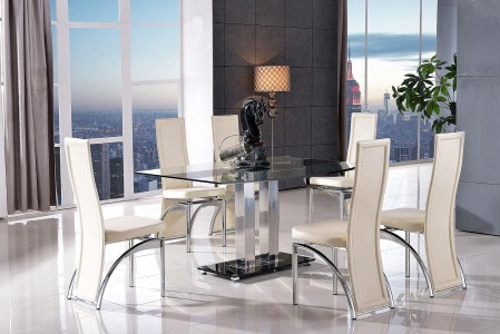 Roma Black Glass Dining Table with 6 Alisa Dining Chair [Ivory] 