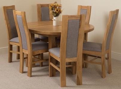 Grey Fabric Edmonton Oak Dining Sets, Oval Oak Dining Table And 6 Chairs Set