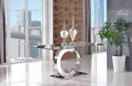 Front of Channel Glass and Polished Steel Dining Table 