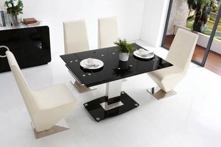 Side of Enzo 80-120cm Extending Glass Dining Table with 4 Zed Designer Dining Chairs [Ivory]